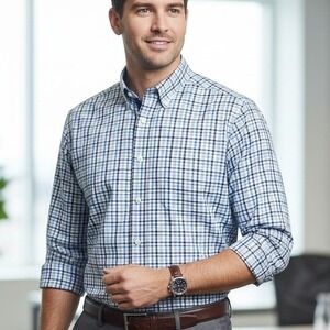 Tommy Hilfiger $80 Size 17 Blue White Plaid Regular Fit Cotton Button Down 32/33